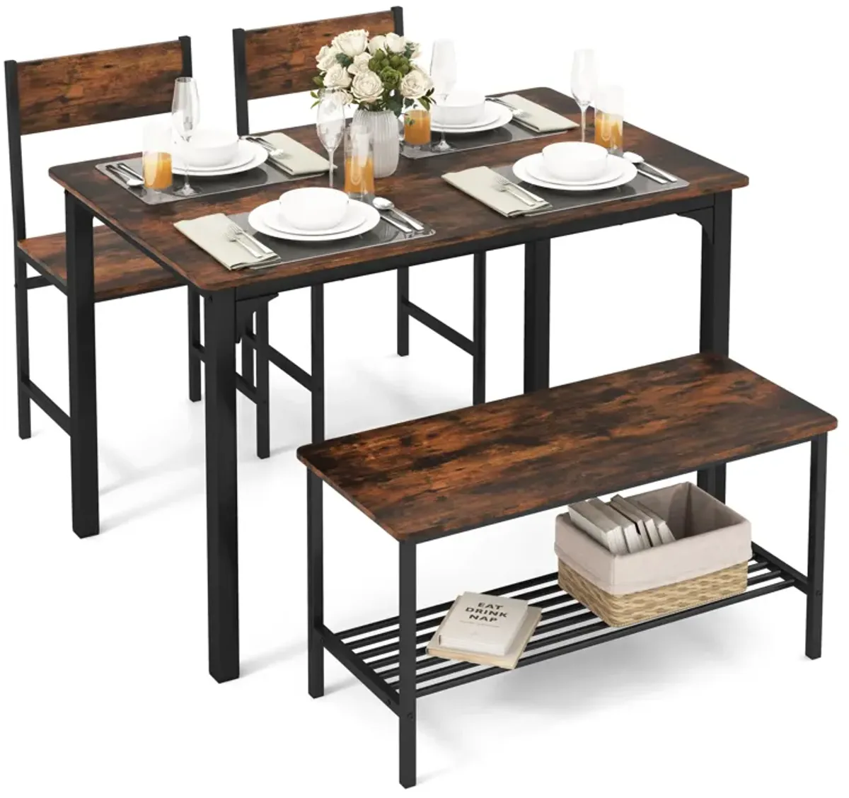 4 Pieces Rustic Dining Table Set with 2 Chairs and Bench