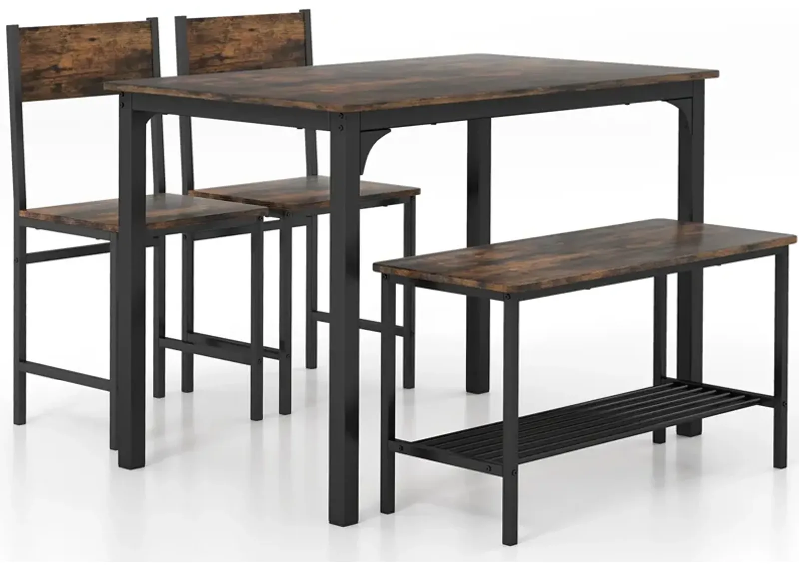 4 Pieces Rustic Dining Table Set with 2 Chairs and Bench