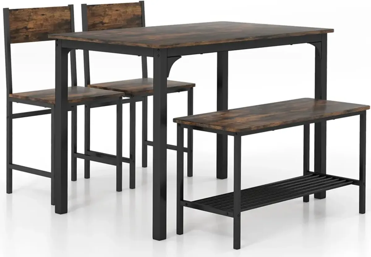 4 Pieces Rustic Dining Table Set with 2 Chairs and Bench