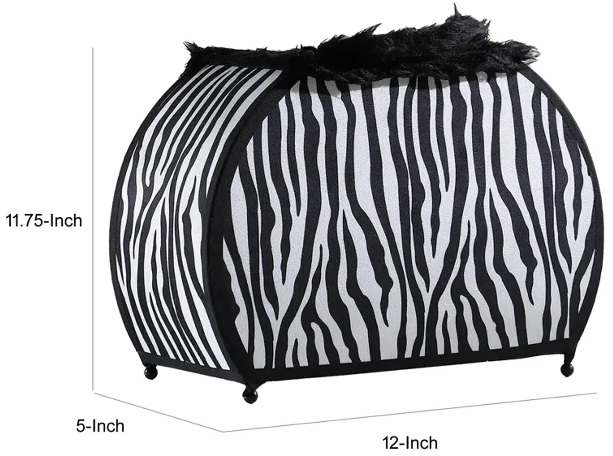 Wigi 12 Inch Accent Lamp, Purse, Zebra Animal Print, Black White Faux Fur - Benzara