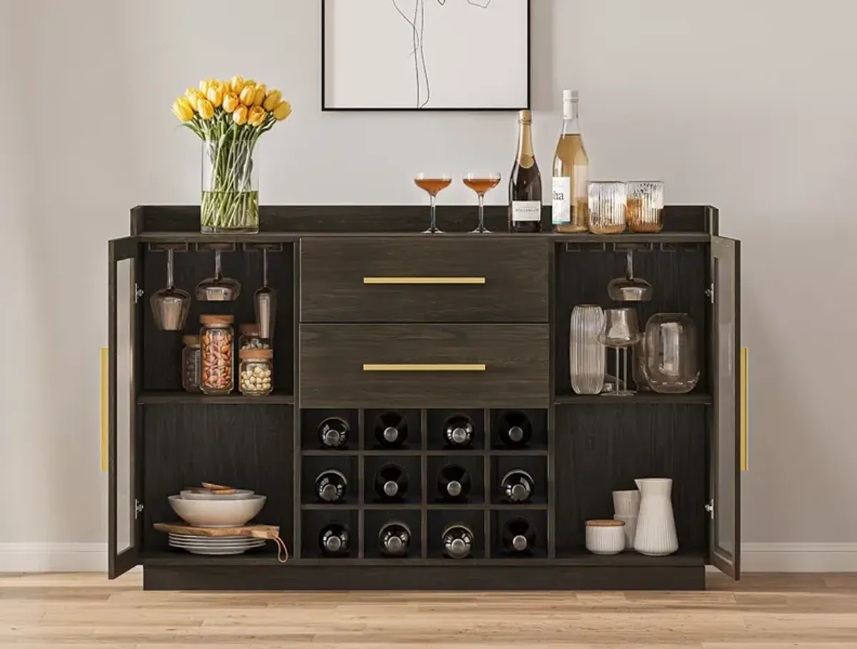 BELLEZE 55" Wine Cabinet, Sideboard Buffet with Wine Rack and Glass Holder, Home Coffee Bar Freestanding Liquor Cabinet with Display Glass Doors for Living Room, Dining Room - Marcel (Brown)