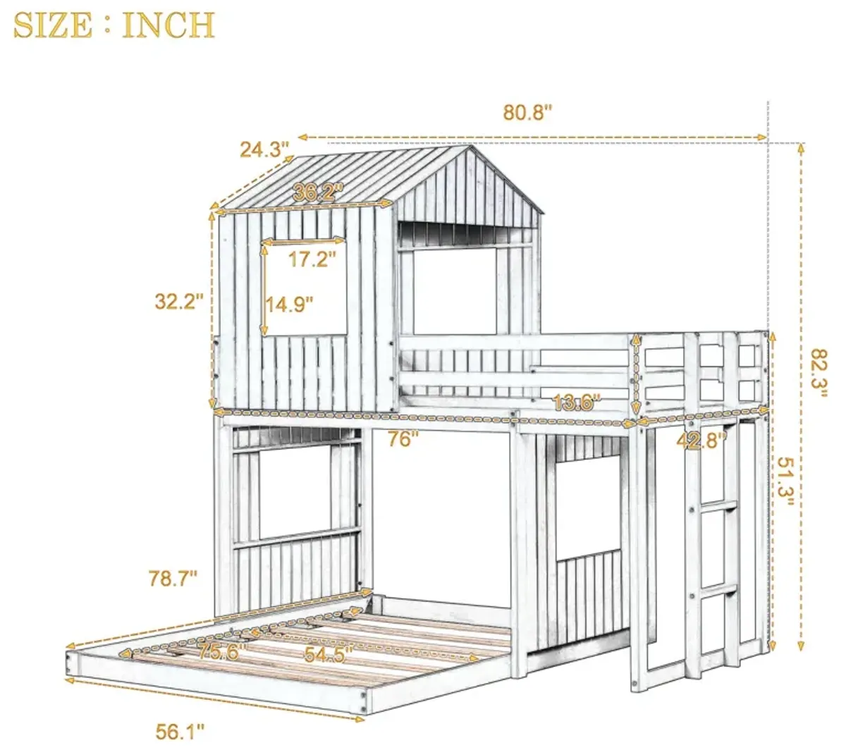 Wooden Twin Over Full Bunk Bed, Loft Bed With Playhouse, Farmhouse, Ladder And Guardrails