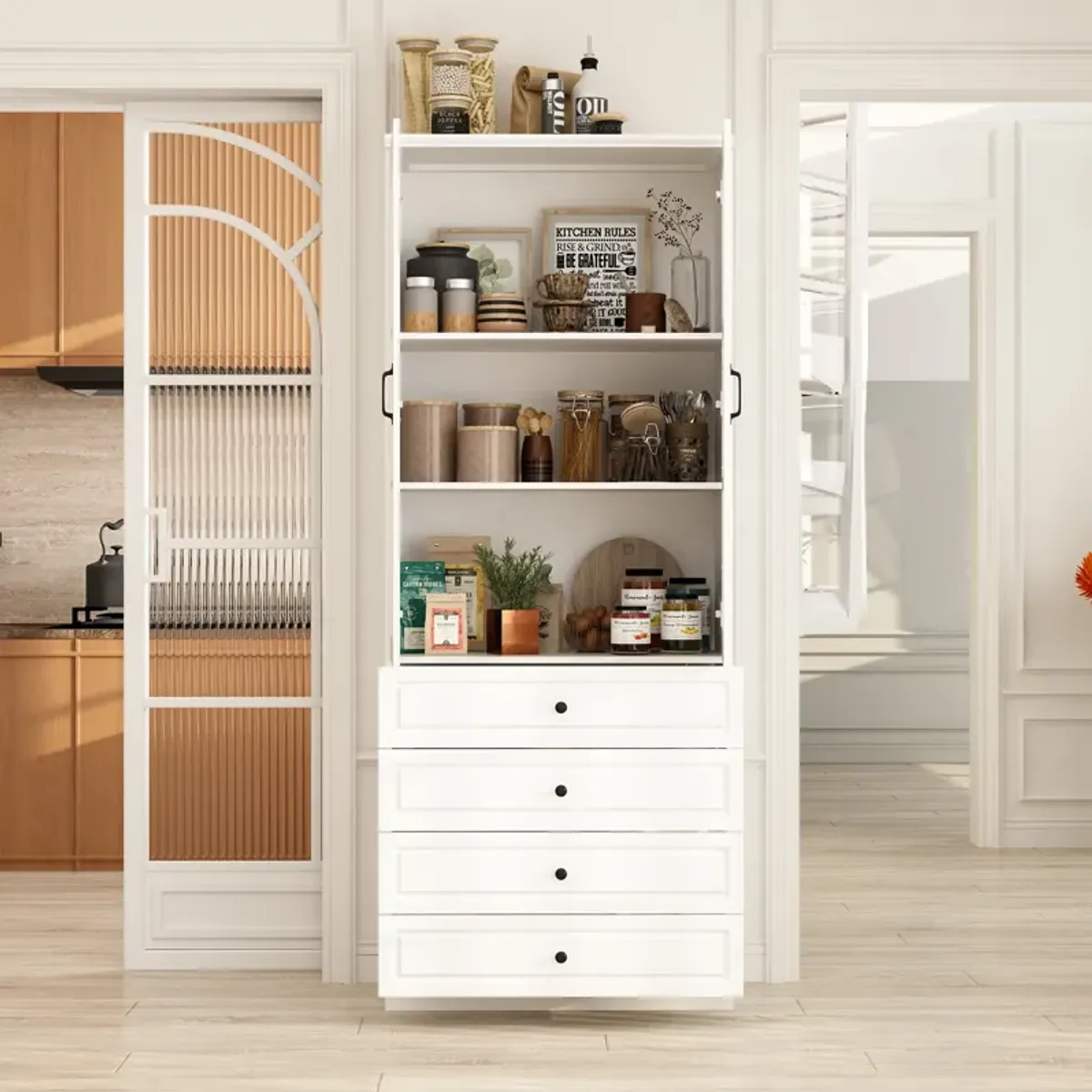 FUFU&GAGA Kitchen Pantry Cabinet with Glass Doors and Four Storage Drawers (31.5" W x 15.7" D x 78.7" H) White