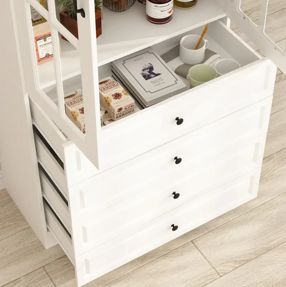 FUFU&GAGA Kitchen Pantry Cabinet with Glass Doors and Four Storage Drawers (31.5" W x 15.7" D x 78.7" H) White