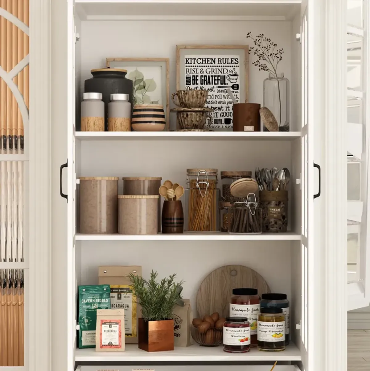 FUFU&GAGA Kitchen Pantry Cabinet with Glass Doors and Four Storage Drawers (31.5" W x 15.7" D x 78.7" H) White