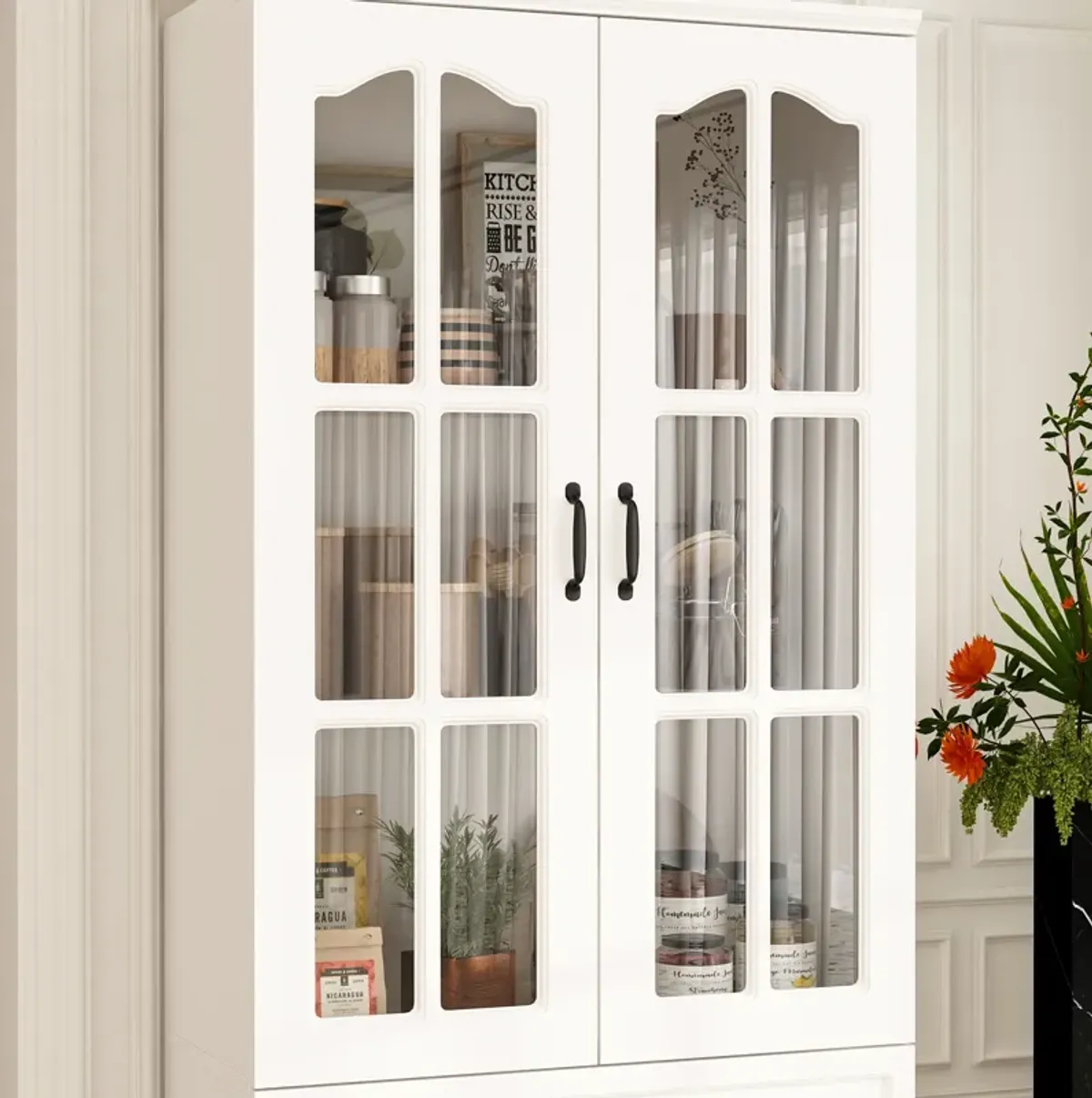 FUFU&GAGA Kitchen Pantry Cabinet with Glass Doors and Four Storage Drawers (31.5" W x 15.7" D x 78.7" H) White