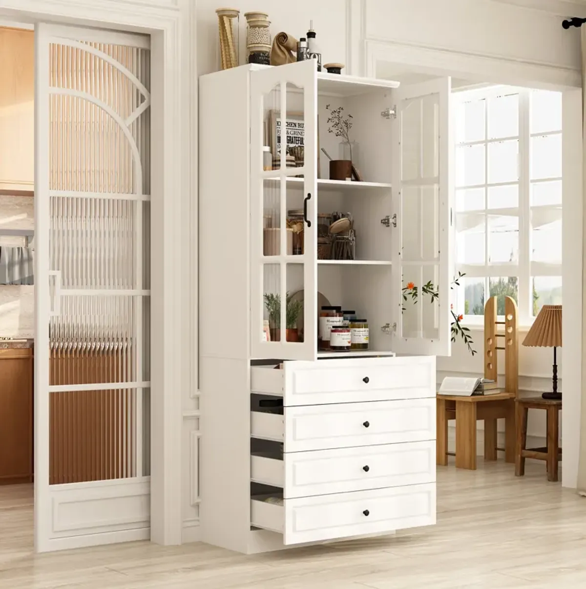 FUFU&GAGA Kitchen Pantry Cabinet with Glass Doors and Four Storage Drawers (31.5" W x 15.7" D x 78.7" H) White