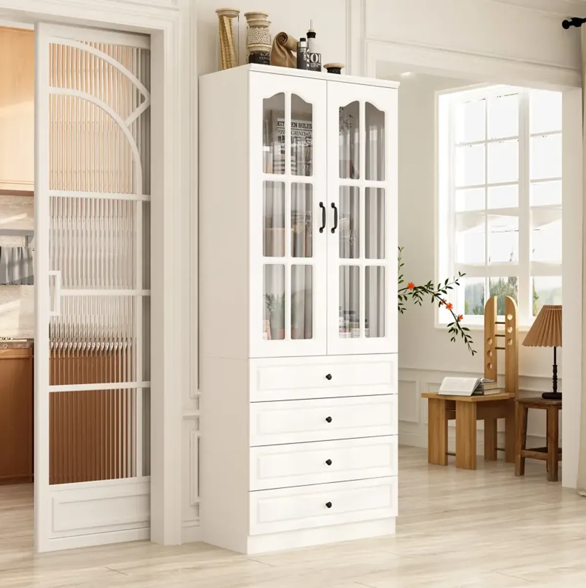 FUFU&GAGA Kitchen Pantry Cabinet with Glass Doors and Four Storage Drawers (31.5" W x 15.7" D x 78.7" H) White