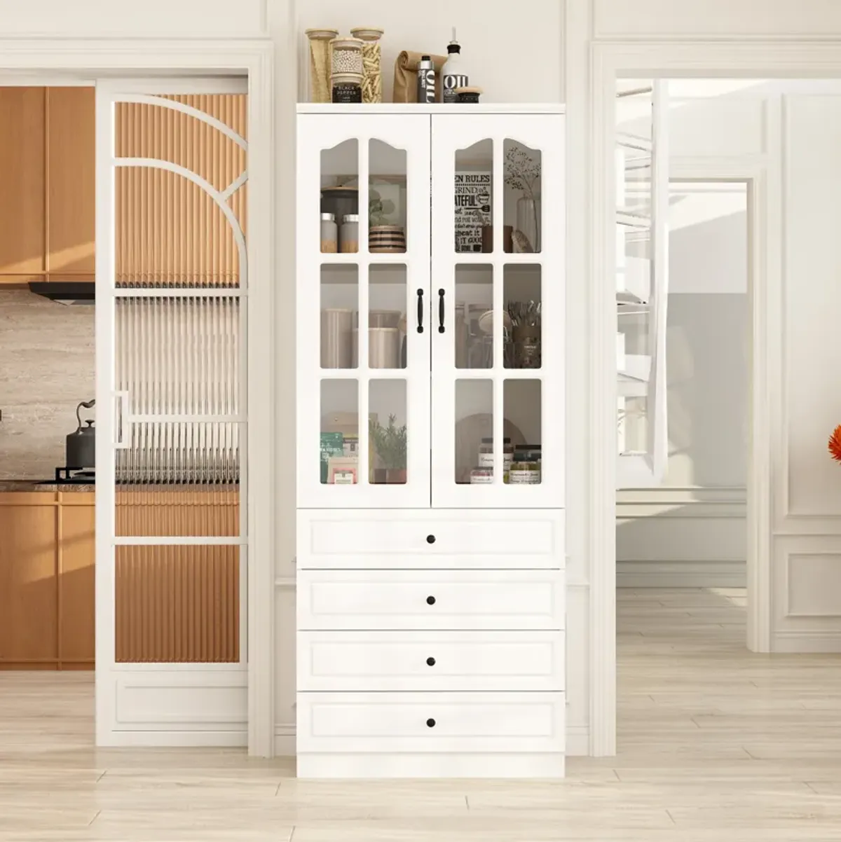 FUFU&GAGA Kitchen Pantry Cabinet with Glass Doors and Four Storage Drawers (31.5" W x 15.7" D x 78.7" H) White