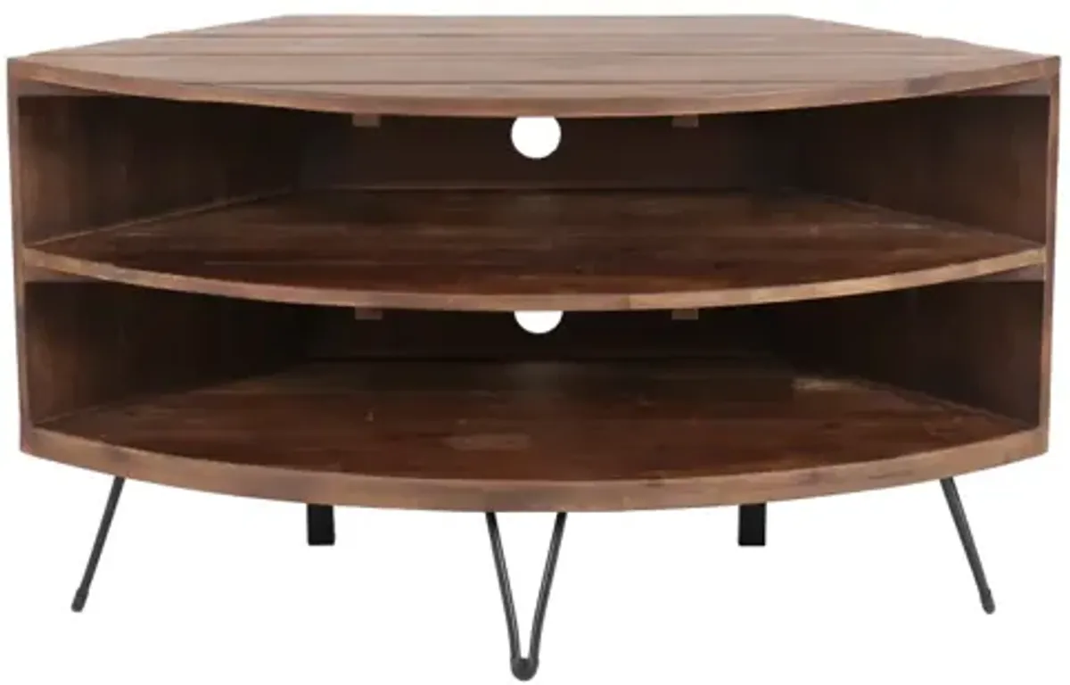 Fan Shaped Reclaimed Wood Corner Media Table For Living Room Wise Use Your Space