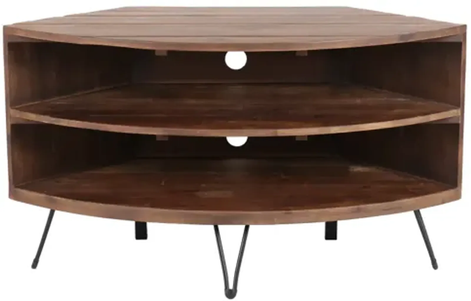 Fan Shaped Reclaimed Wood Corner Media Table For Living Room Wise Use Your Space