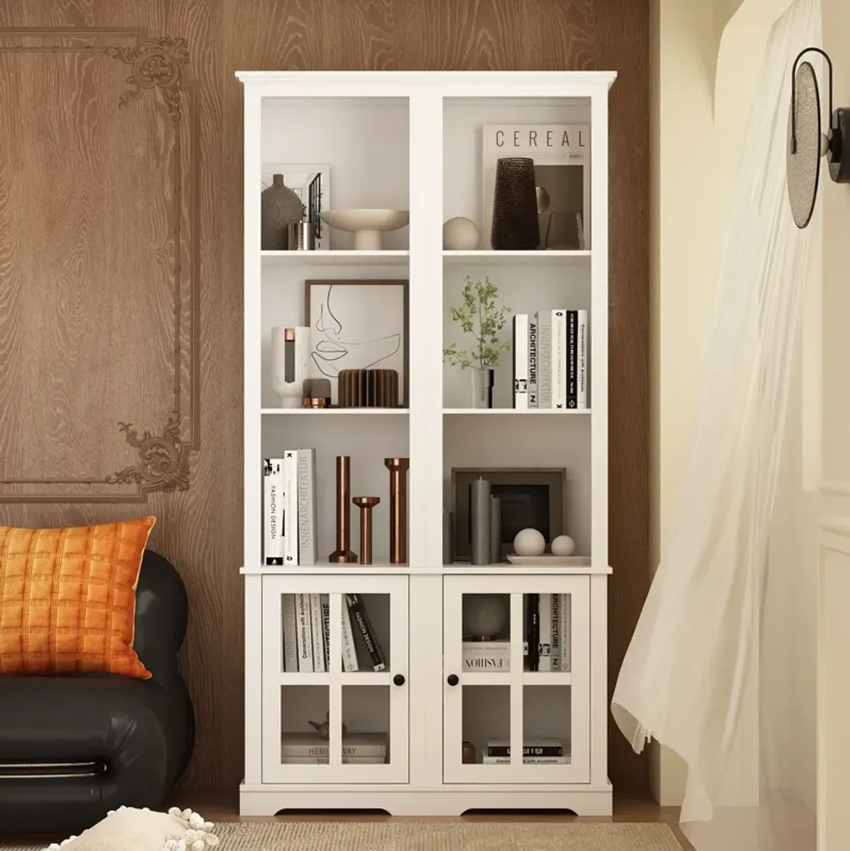 A Pair of Side Cabinet, White 70.9 in. H Wooden Storage Cabinet with Glass Doors and Open Shelves for Corner Storage