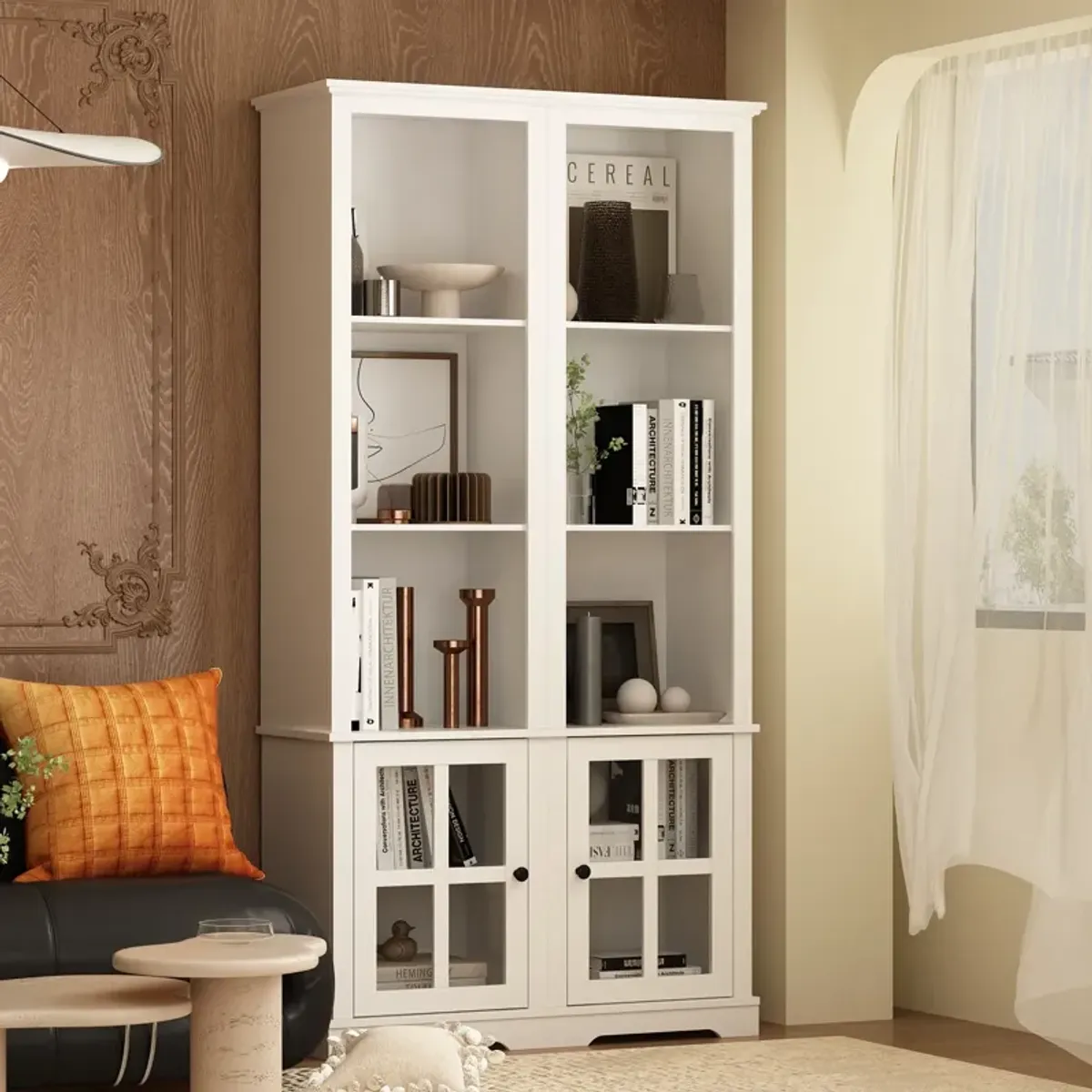 A Pair of Side Cabinet, White 70.9 in. H Wooden Storage Cabinet with Glass Doors and Open Shelves for Corner Storage