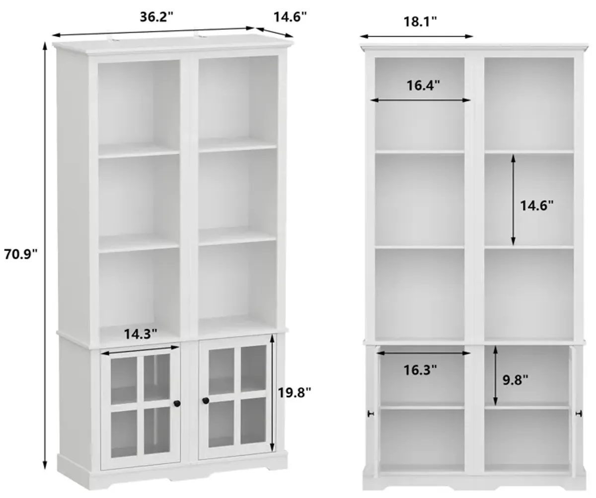 A Pair of Side Cabinet, White 70.9 in. H Wooden Storage Cabinet with Glass Doors and Open Shelves for Corner Storage