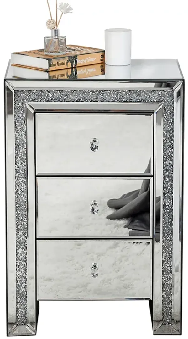 Mirrored Glass Nightstand with 3 Drawers – Wooden Bedside Storage Cabinet