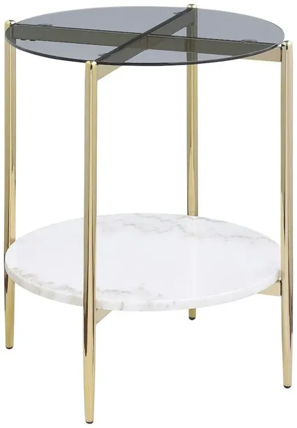 Jonelle Round Glass Top End Table White Marble Shelf Gold