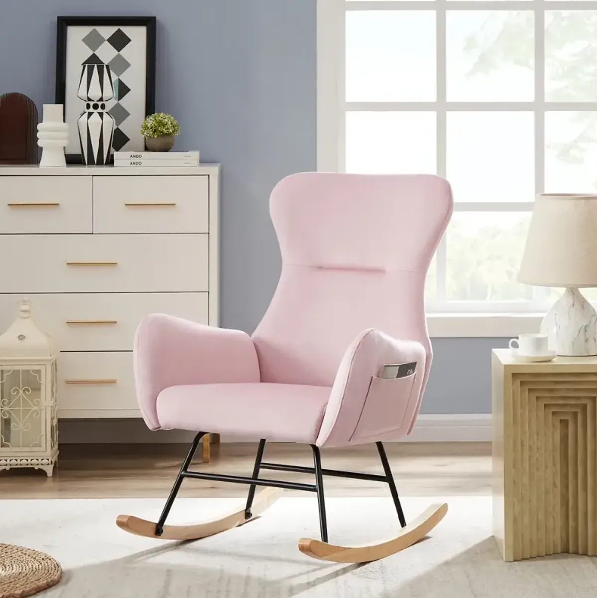 Pink Velvet Rocking Chair