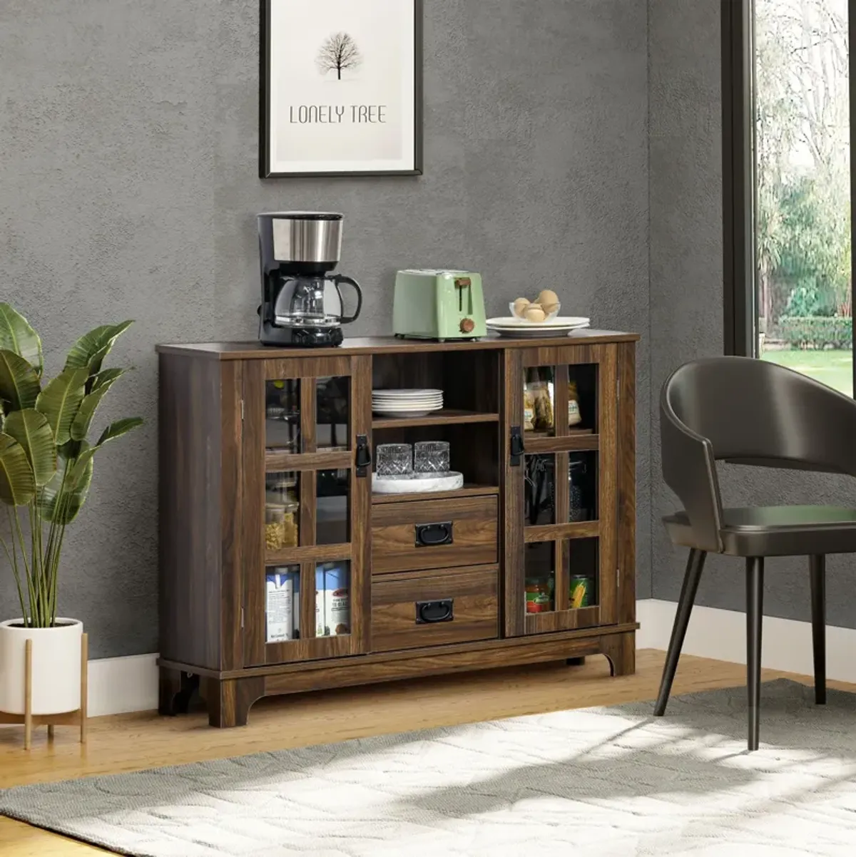 Walnut Dining Storage: Kitchen Sideboard with Glass Door & Drawers