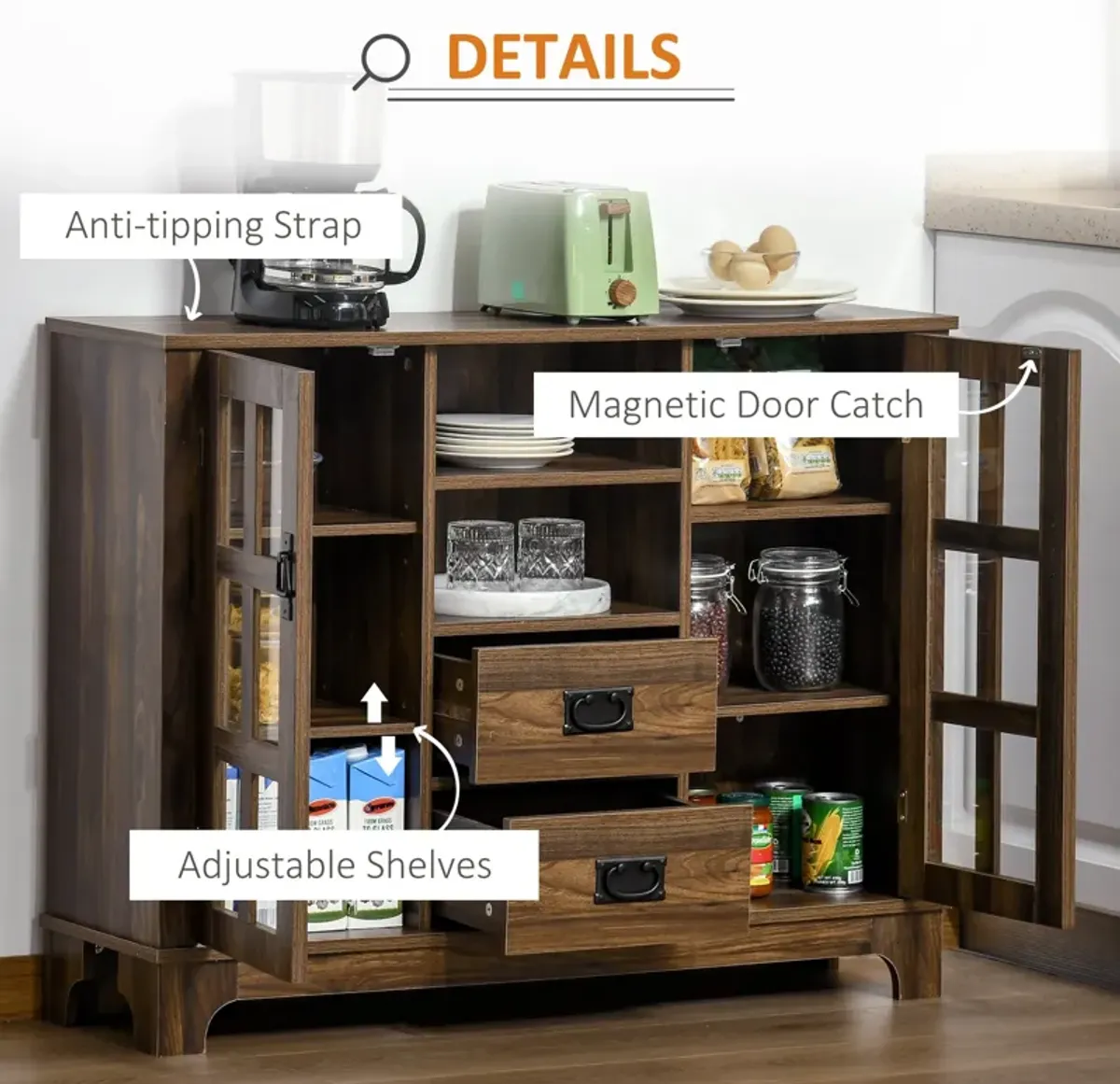 Walnut Dining Storage: Kitchen Sideboard with Glass Door & Drawers