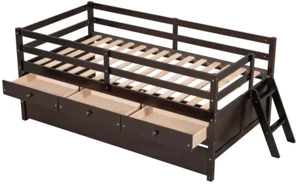 Low Loft Bed Twin Size With Full Safety Fence, Climbing Ladder, Storage Drawers And Trundle