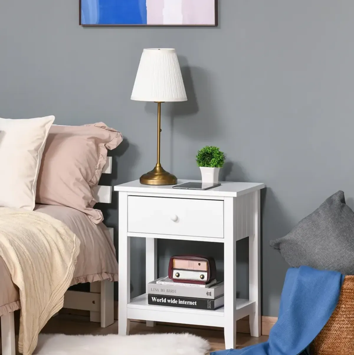 White Bedroom Helper: Modern Bedside Table with Drawer and Shelf