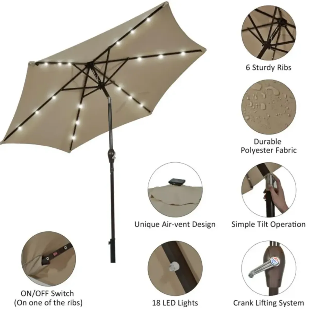 Hivvago 9 Feet Solar LED Lighted Patio Market Umbrella with Tilt Adjustment without Base