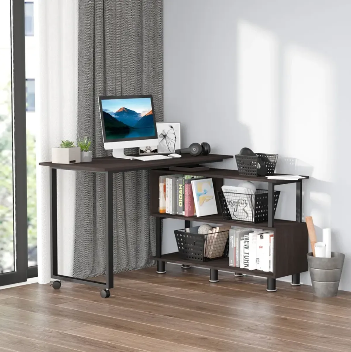 Coffee-Colored Workstation: Mobile L-Shaped Rotating Desk with Storage