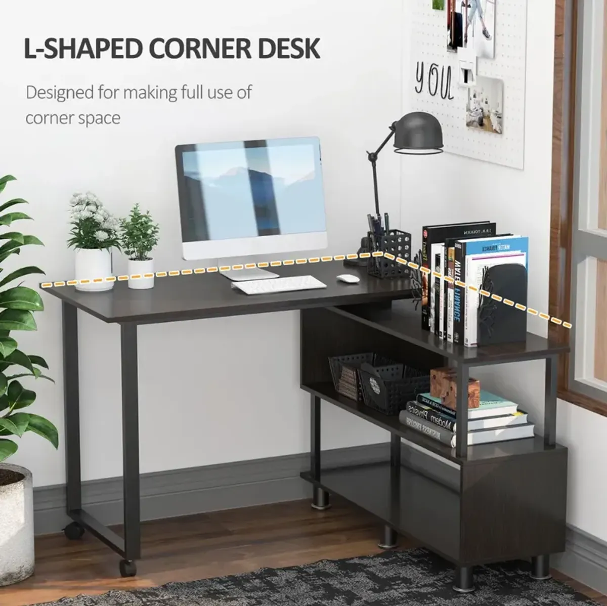 Coffee-Colored Workstation: Mobile L-Shaped Rotating Desk with Storage