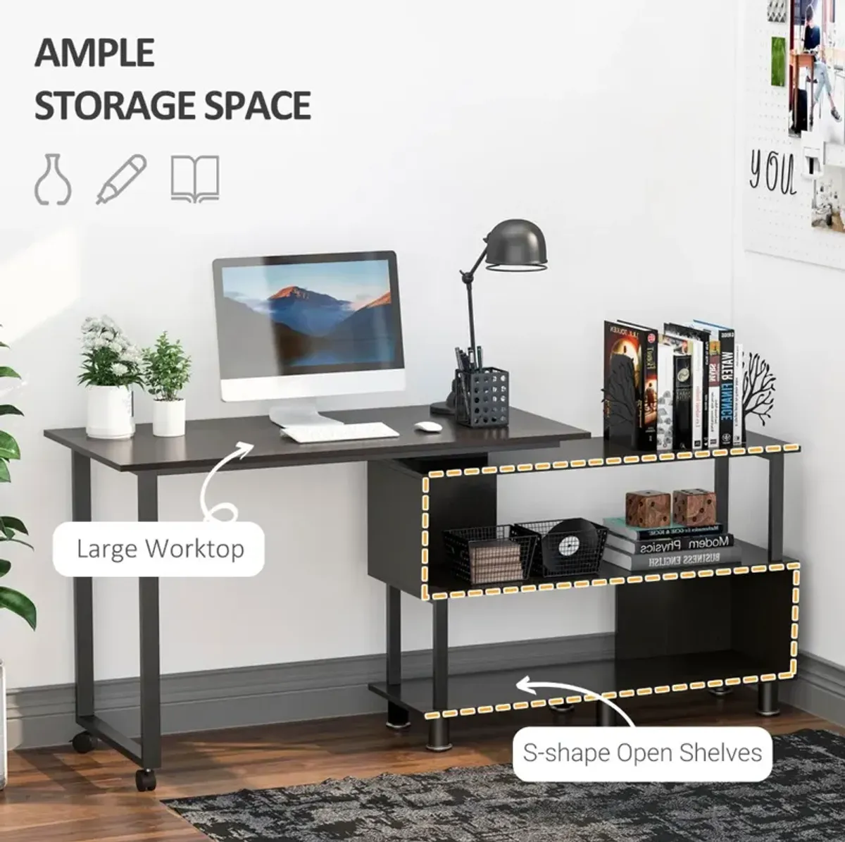 Coffee-Colored Workstation: Mobile L-Shaped Rotating Desk with Storage