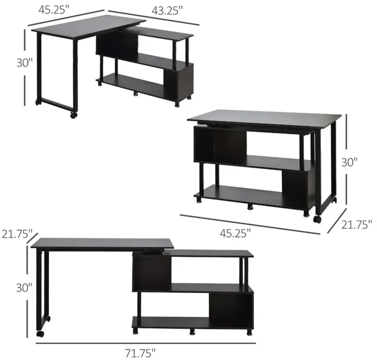 Coffee-Colored Workstation: Mobile L-Shaped Rotating Desk with Storage