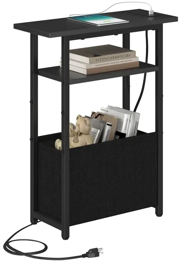 sthmec Narrow Side Table with Charging Station, Small End Table for Small Spaces, Skinny Nightstands with Storage Basket, 3 Tier