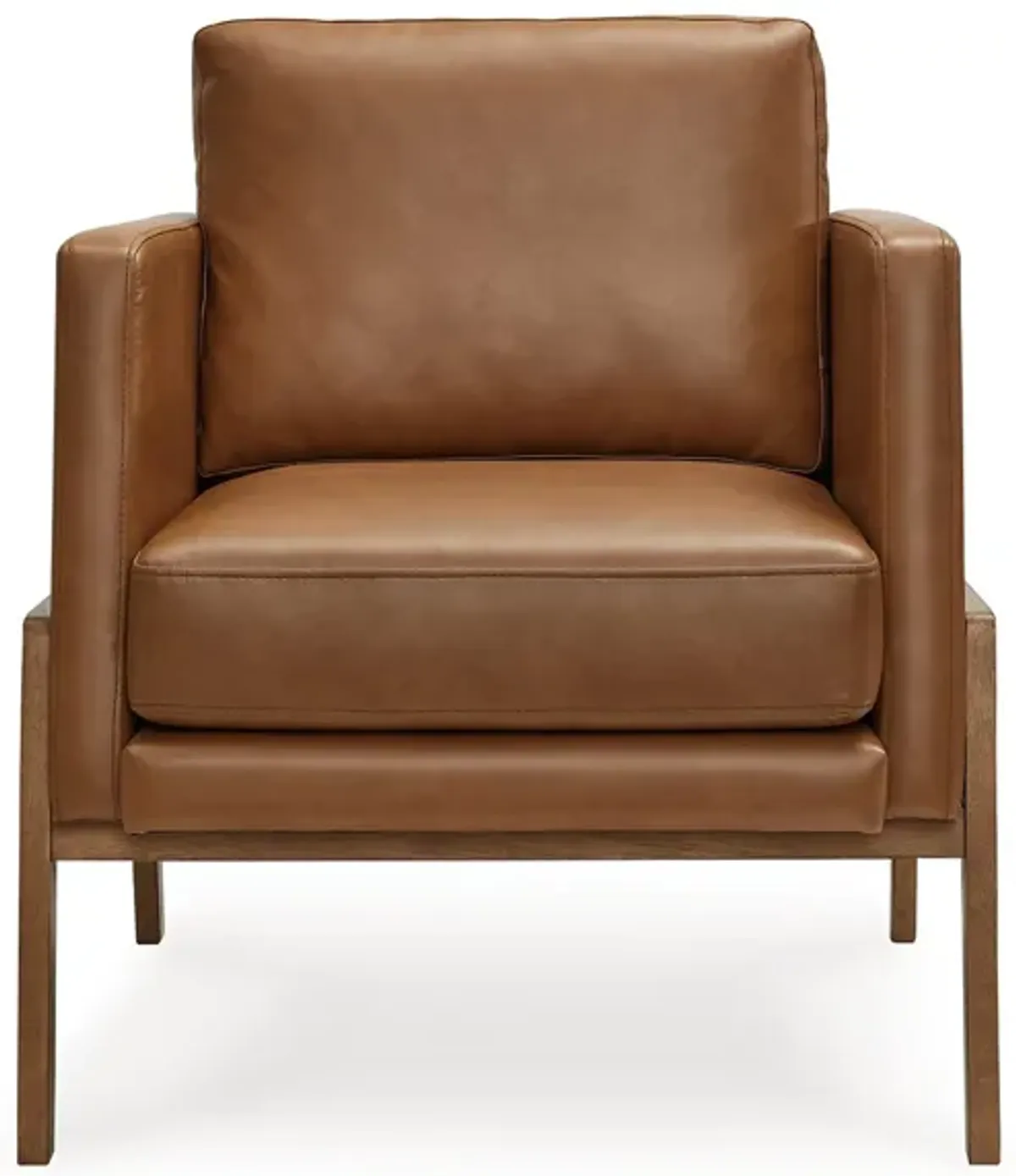 Accent Chair, Classic Retro Cushions, Brown Faux Leather, Natural Wood - Benzara