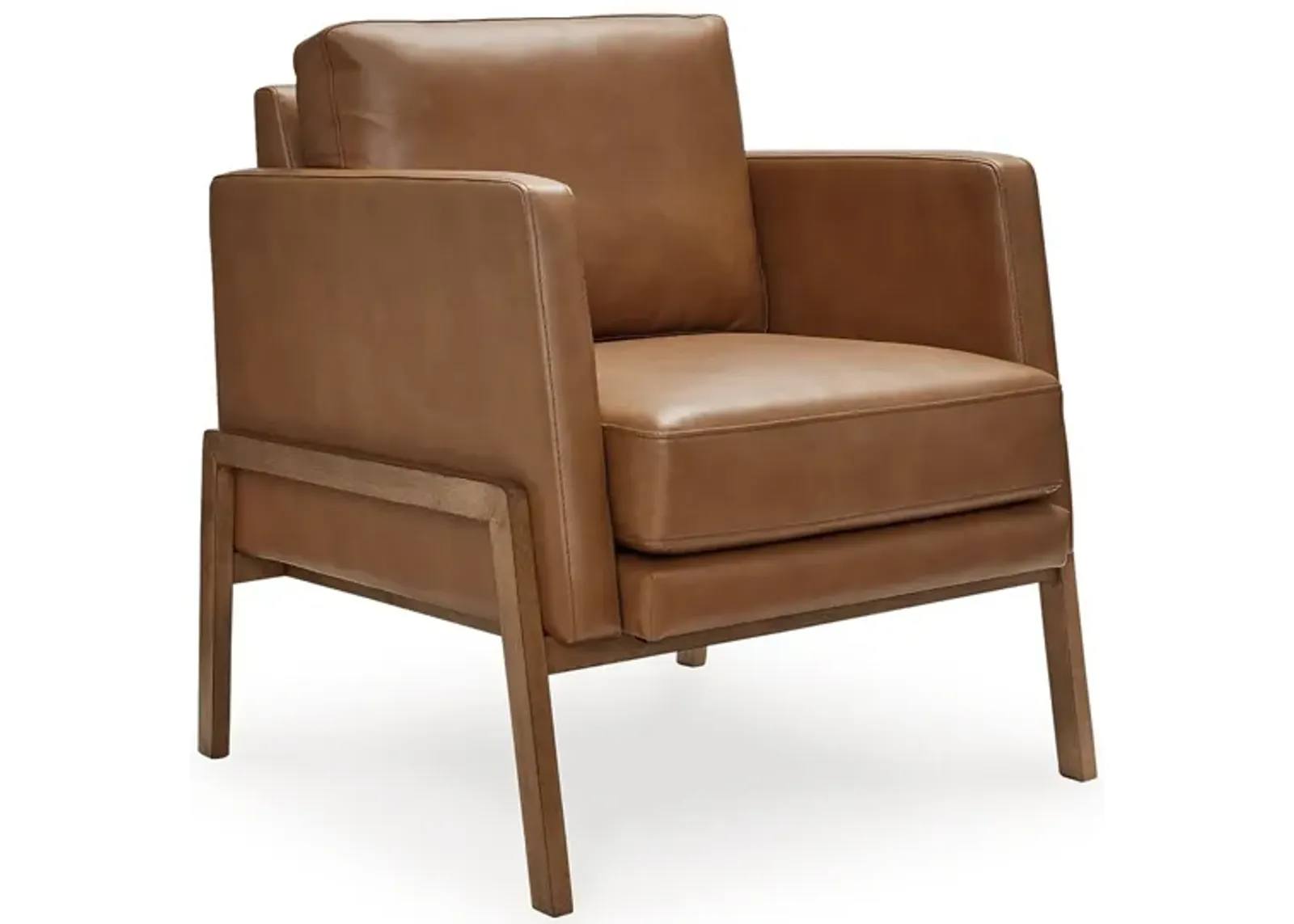 Accent Chair, Classic Retro Cushions, Brown Faux Leather, Natural Wood - Benzara