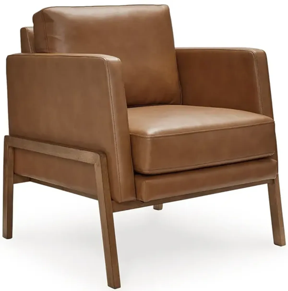 Accent Chair, Classic Retro Cushions, Brown Faux Leather, Natural Wood - Benzara