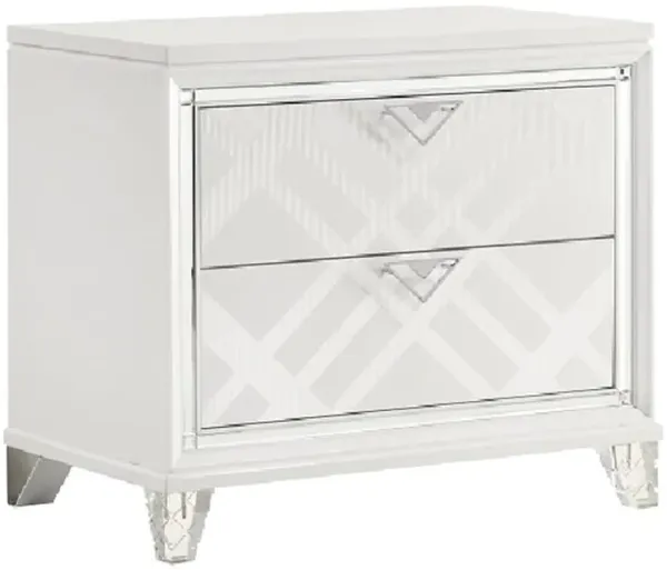 Benjara Kyla 31 Inch Nightstand, 2 Drawers, Mirror Trim, Clear Legs, Wood, White and Silver