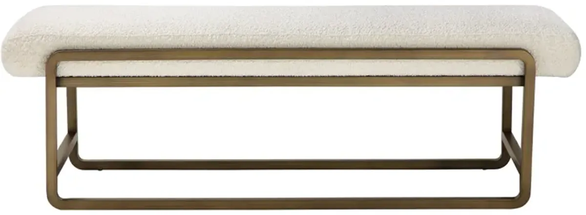 Loer 54 Inch Modern Accent Bench, Ivory Boucle Upholstery, Sled Brass Legs - Benzara