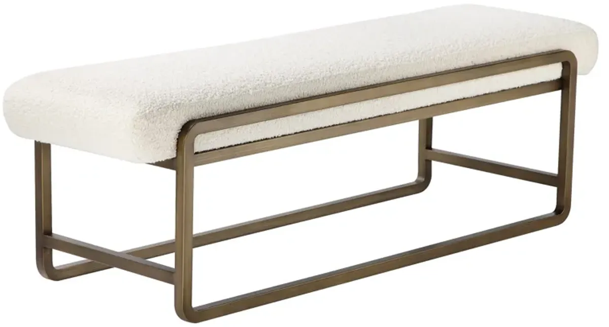 Loer 54 Inch Modern Accent Bench, Ivory Boucle Upholstery, Sled Brass Legs - Benzara