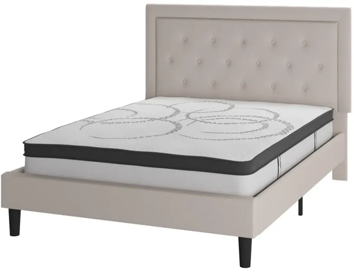 Roxbury Queen Size Tufted Upholstered Platform Bed in Beige Fabric with 10 Inch CertiPUR-US Certified Pocket Spring Mattress