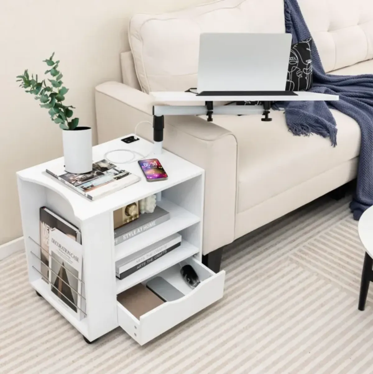 Hivvago Nightstand Bedside Table Swivel Laptop Tray with Charging Station and LED Lights