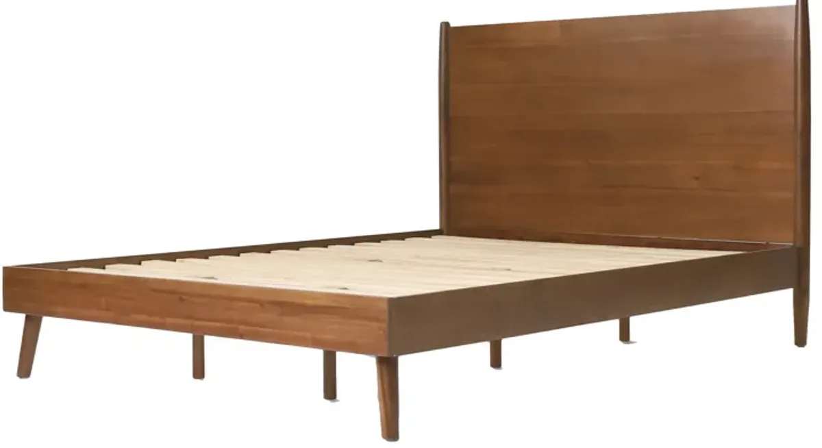 Ozzy King Size Bed with Panel Headboard Design, Rich Brown Acacia Wood - Benzara