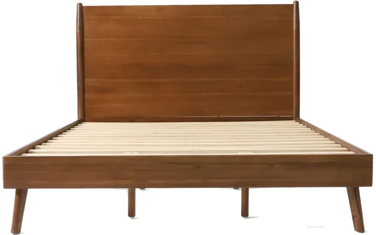 Ozzy King Size Bed with Panel Headboard Design, Rich Brown Acacia Wood - Benzara