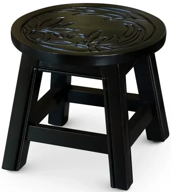 11 Inch Step Stool Footrest, Round Wood Carved Floral Print, Espresso Brown - Benzara