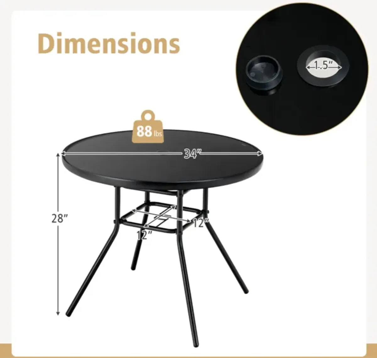 Hivvago 34 Inch Patio Dining Table with 1.5 inch Umbrella Hole for Garden