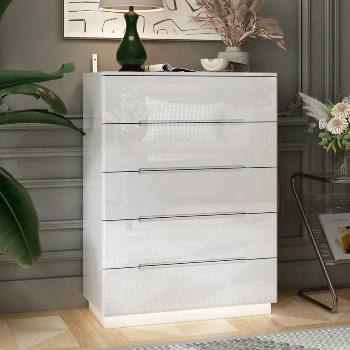 High Gloss White Wood 5-Drawer Chest of Drawers Storage Organizer With LED Lights (31.5 in. W x 42.6 in. H x 15.7 in. D)