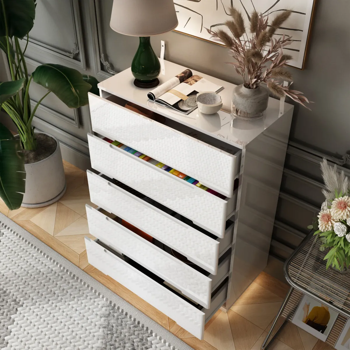 High Gloss White Wood 5-Drawer Chest of Drawers Storage Organizer With LED Lights (31.5 in. W x 42.6 in. H x 15.7 in. D)