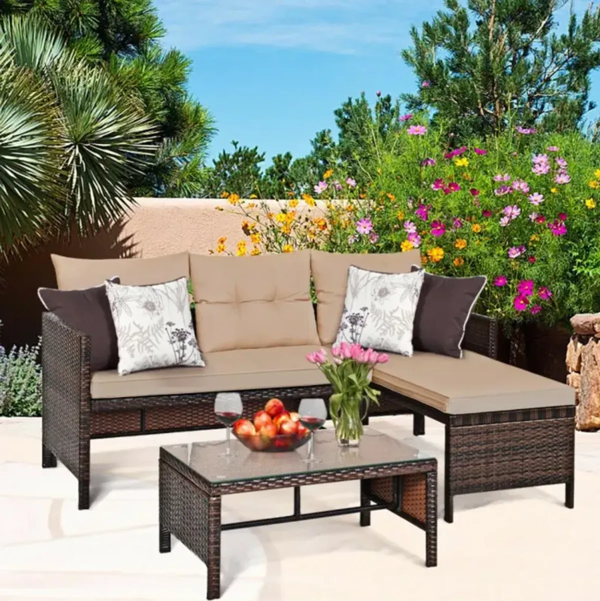 Hivvago 3 Pieces Outdoor Patio Corner Rattan Sofa Set