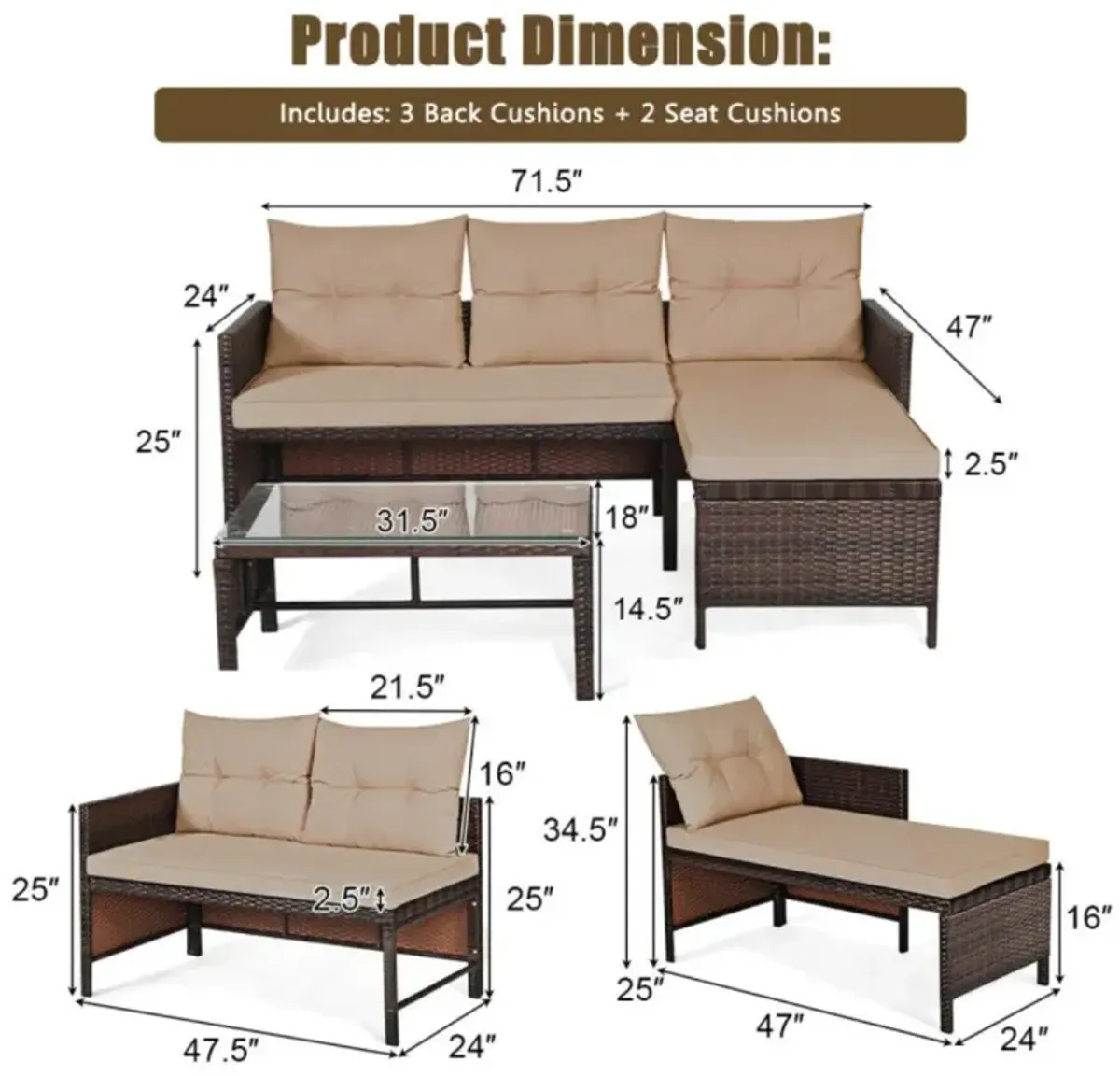 Hivvago 3 Pieces Outdoor Patio Corner Rattan Sofa Set