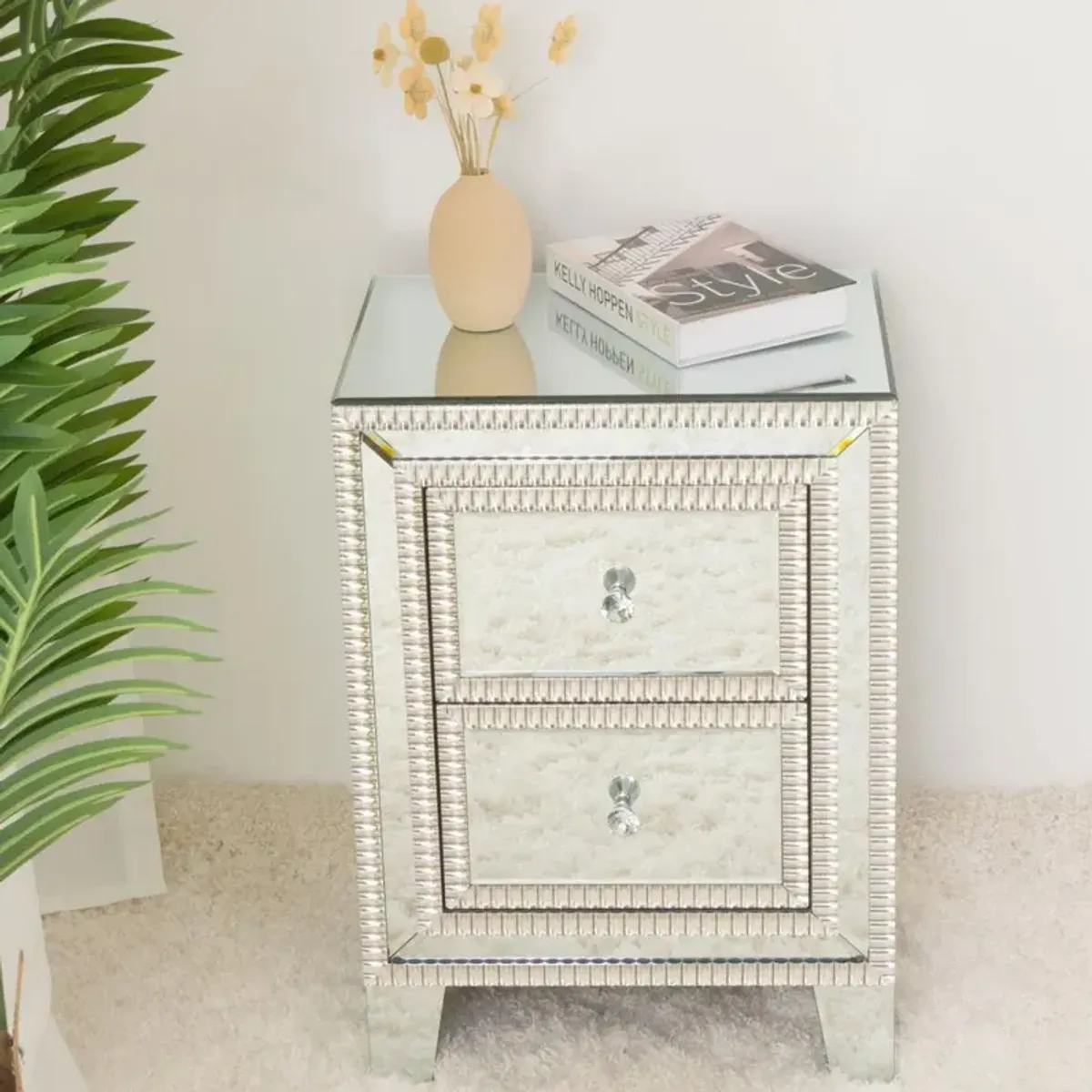 Better Home Products Mirrored Nightstand with 2 Drawers