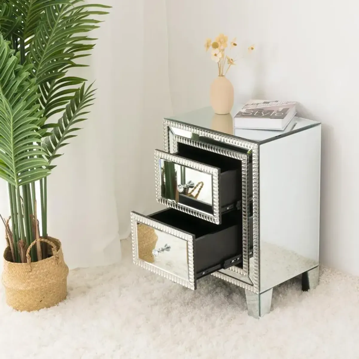 Better Home Products Mirrored Nightstand with 2 Drawers