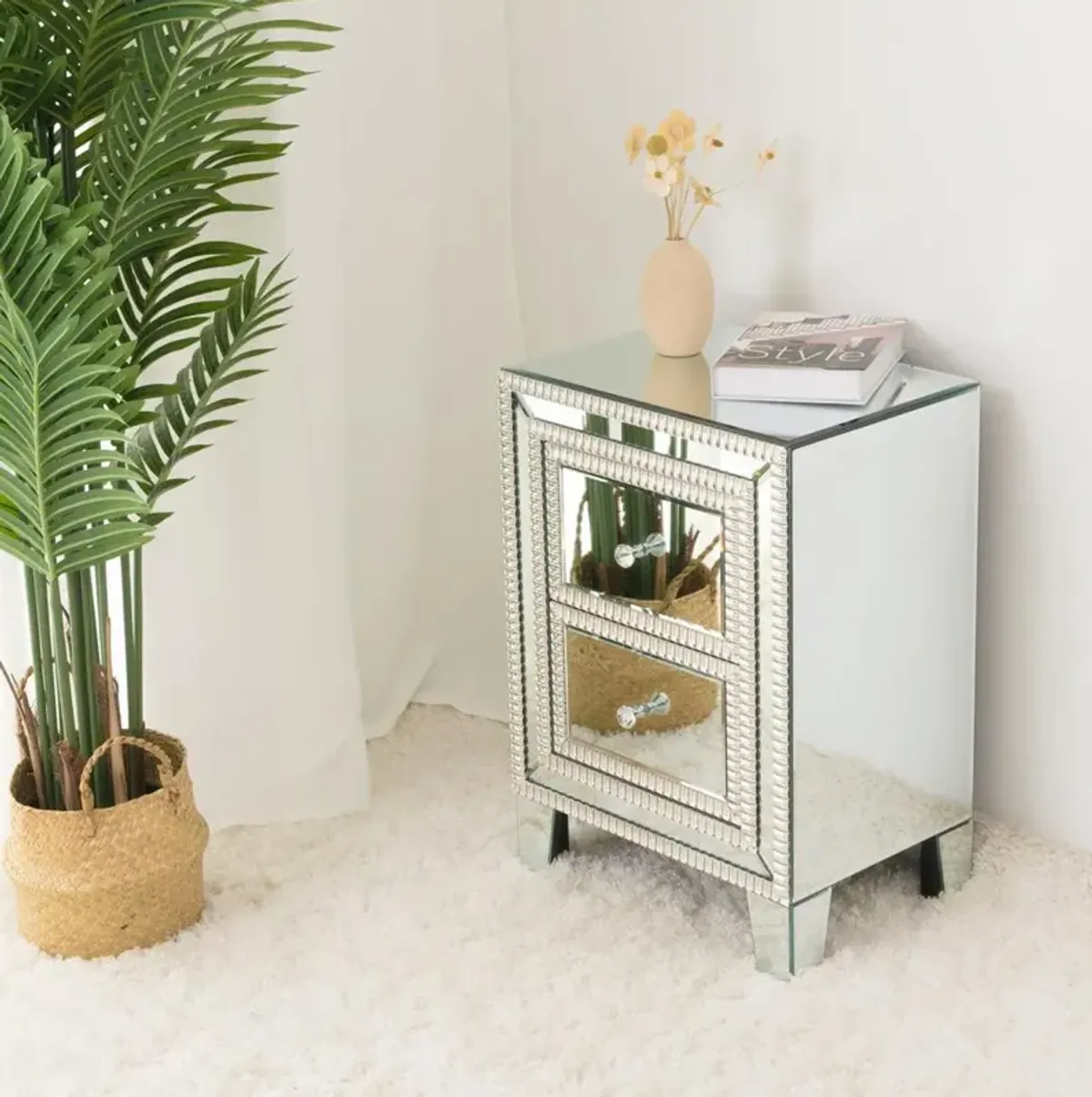 Better Home Products Mirrored Nightstand with 2 Drawers